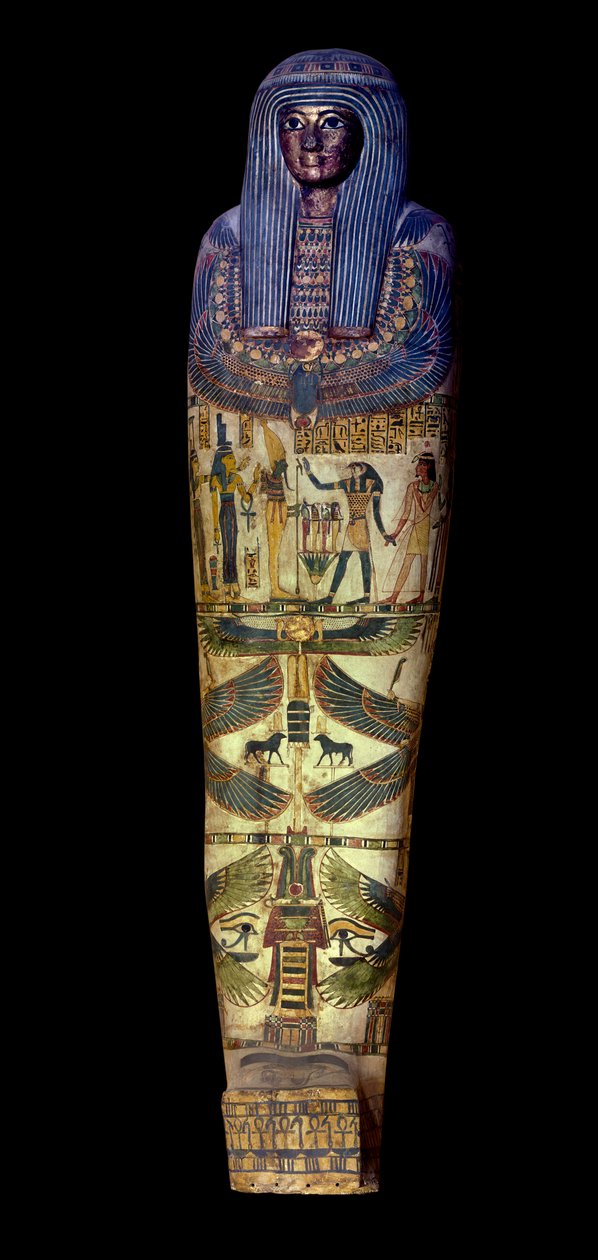 Egyptiläinen antiikki: Jedkhonsouioufankhin (Djedkhonsouiouefankhin) sarkofagin kansi, noin 750 eKr., Louvre-museo - Egyptin antiikin: Djedkhonsouioufankhin sarkofagin kansi (Djedkhonsouioufankh) (Djedkhonsouioufankh), Pariisin museo57, Tietoja 750 eKr. tekijältä School Egyptian