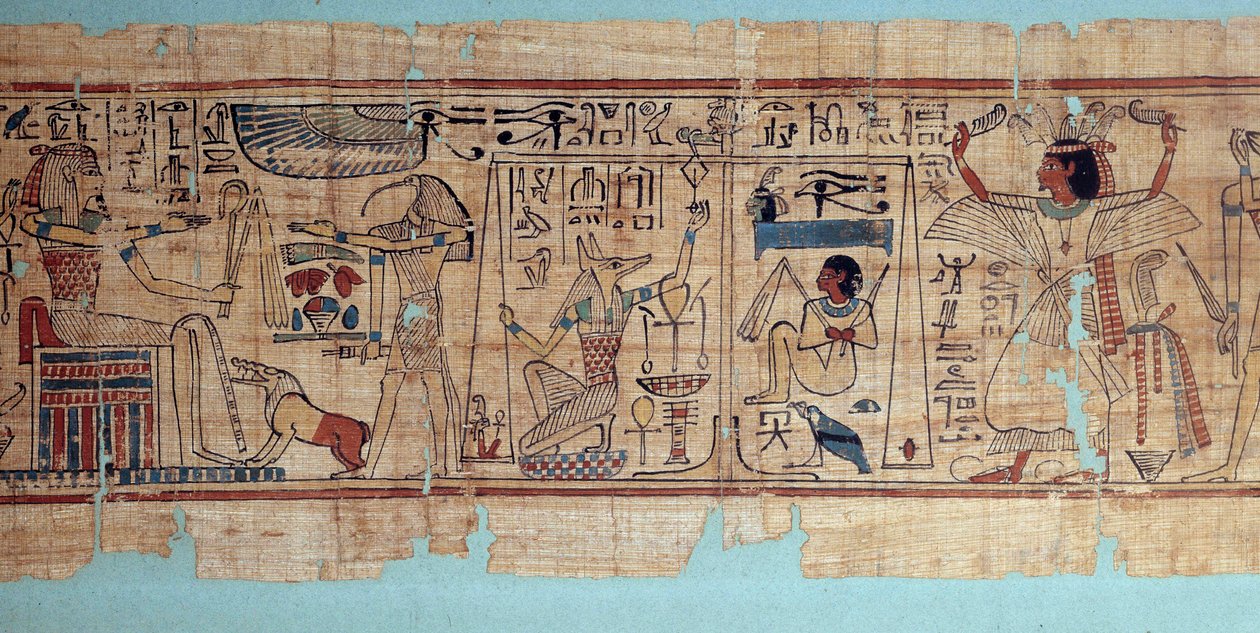 Egyptiläinen antiikki: yksityiskohta Amonin ullakon jyvien kirjanpitäjän Neskapashoutyn mytologisesta papyruksesta. Anubis painaa vainajan sydäntä (sielua). 21. dynastia tekijältä School Egyptian