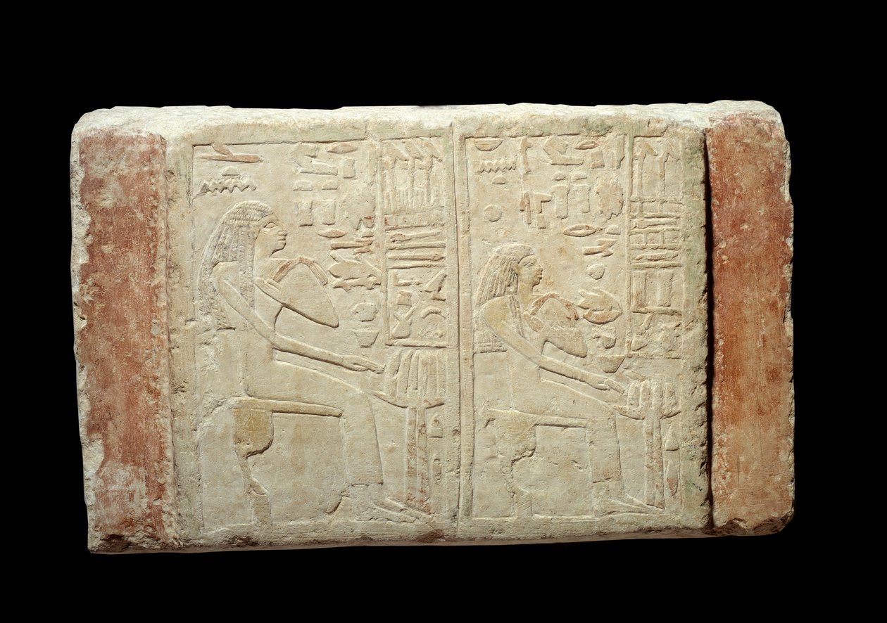 Egyptiläinen antiikki: Waten- ja Ousernebnet-naisten hautausstele kalkkikivessä. Thiniittikausi (n. 3100-2700 eKr.) 2. dynastia Memphisistä. Pariisin Louvre-museo tekijältä School Egyptian