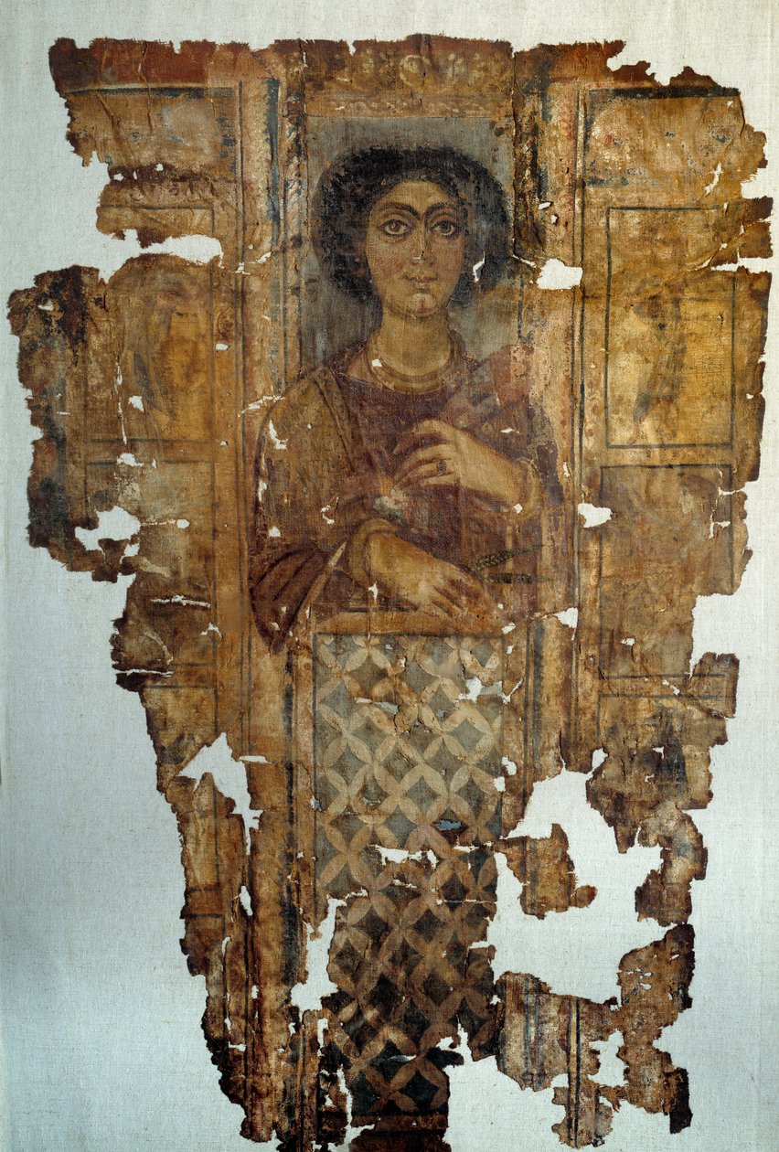 Egyptiläinen antiikki: pellavainen käärinliina maalattu ja naisen doree Antinosta. 4. vuosisata jKr. Pariisi, Louvren museo tekijältä School Egyptian