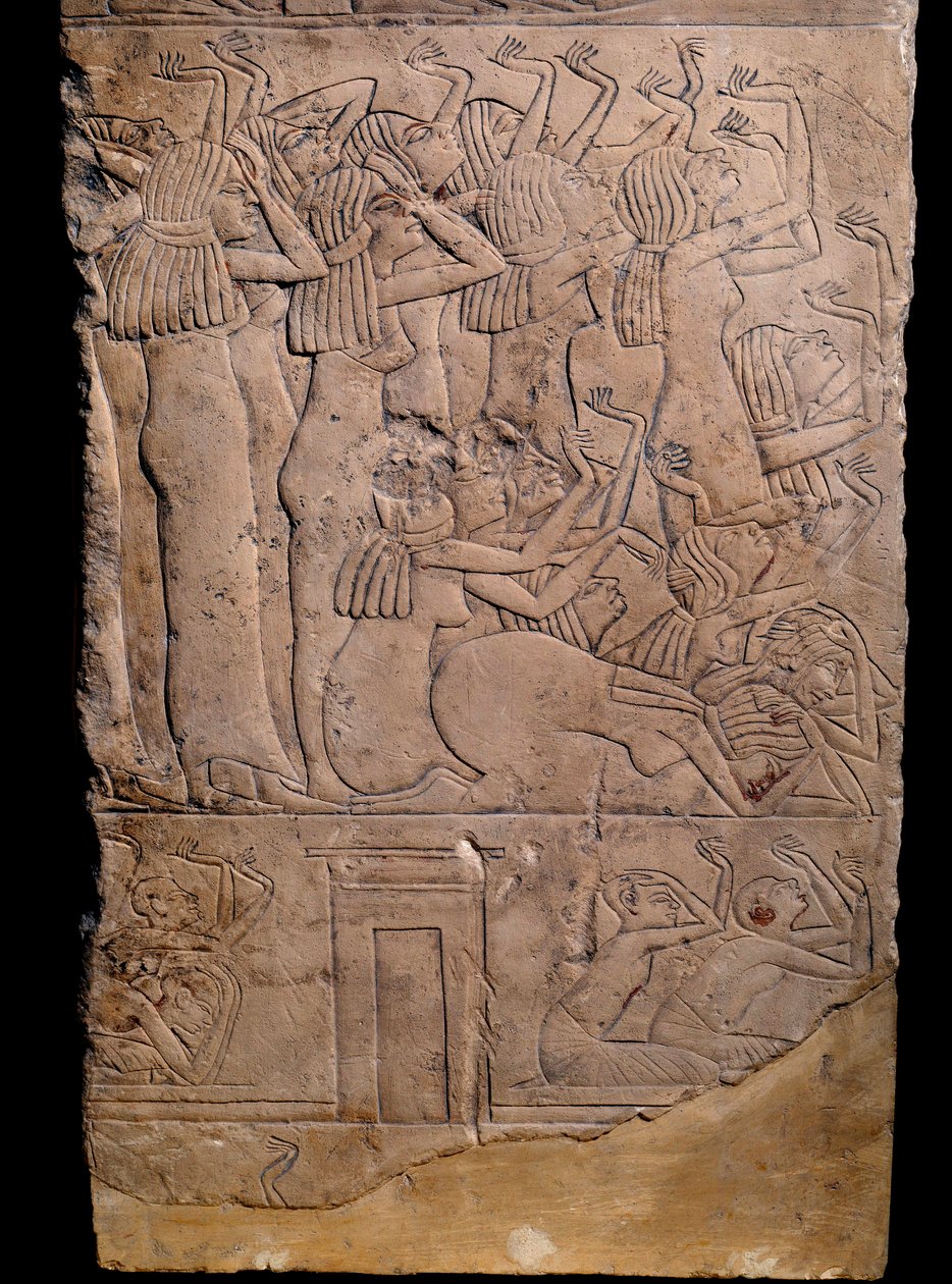 Egyptiläinen antiikki: memfiittinen hauta Horemhebistä Sakkaraan (Sakkarah tai Saqqara), reliefi: itkeminen Horemhebin hautajaisissa. 18. dynastia (noin 1550-1295 eaa.) tekijältä School Egyptian