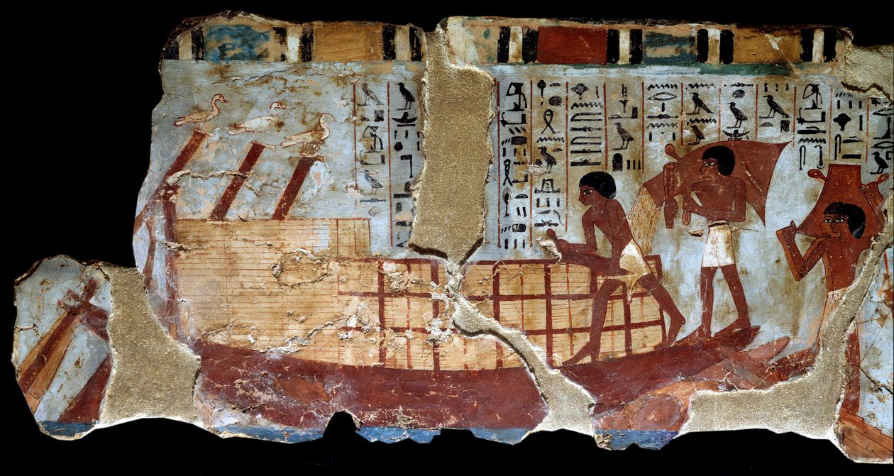 Egyptiläinen antiikki: seinämaalaus Ounsoun Theban-haudasta: vehnän kuljetus vesiteitse, sarja freskoja kynnyksestä, istutuksesta, sadonkorjuusta, lyhteiden kuljetuksesta sekä jyvien istuttamisesta ja riisumisesta. Reg of Thutmosis (Tuthmosis tai Thutmu tekijältä School Egyptian