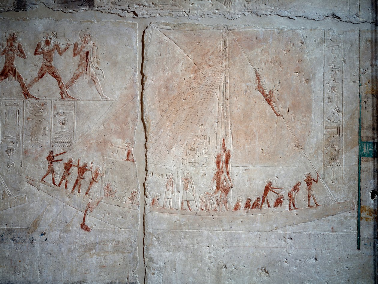 Egyptin antiikki: navigointikohtaus. Kalkkikivireliefiä Akhethetepin Mastaban kappelista Saqqarassa. 5. dynastia (noin 2500-2350 eKr.) 2300 eaa. Pariisi, Louvre-museo tekijältä School Egyptian