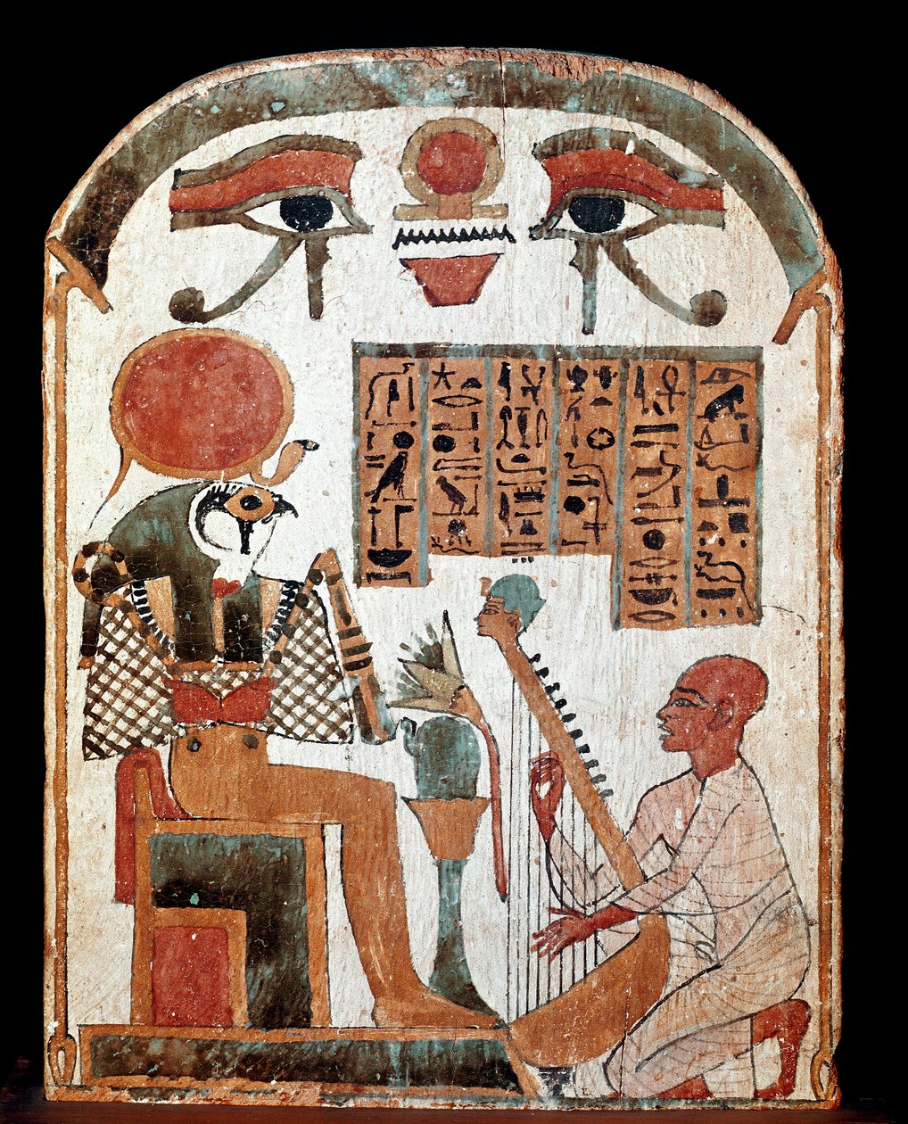Egyptiläinen antiikki: harpisti Jedkhonsuiufankhin stele palvomassa jumalallista Horusta. Väliaika. 1069-664 eaa. Paris, musee du Louvre - Egyptin antiikki: Harpisti Djedkhonsouioufankhin stela, joka palvoo Horusta. Keskitason Per tekijältä School Egyptian