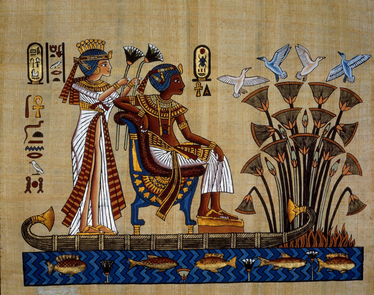 Egyptiläinen antiikki: "" faarao ja hänen vaimonsa papyruksessa"" Papyrus, New Empire tekijältä School Egyptian
