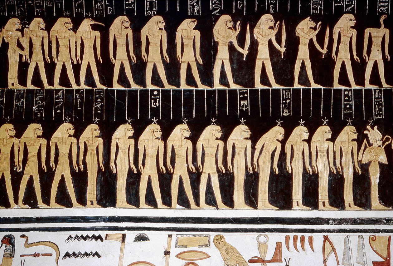 Luxor, Thebes: Kuninkaiden laakso, piirros jumalasta ja jumalattaresta temppelin sisäseinällä. tekijältä School Egyptian