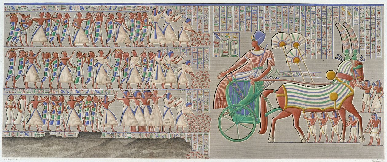 Thebes, Medynet-Abu: värillinen bareljeefi, kaiverrettu palatsin peristylen eteläiseen galleriaan - "" Egyptian Antiquites -kirjassa", T.II tekijältä School Egyptian