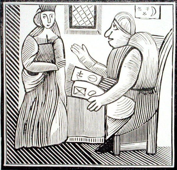 Nainen hakee opastusta Soothsayerilta, kopio kuvasta "The History of Mother Bunch of the West" -kokoelmasta esoteerista c14th-c17th (puupiirros) tekijältä School English