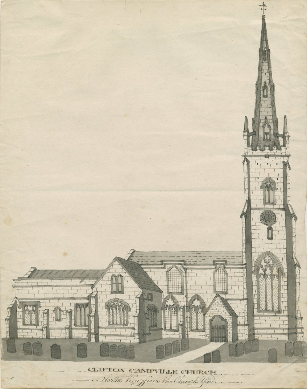 Clifton Campville Church: kynä- ja seepiapiirustus, nd [?1800-luku] (piirustus) tekijältä School English