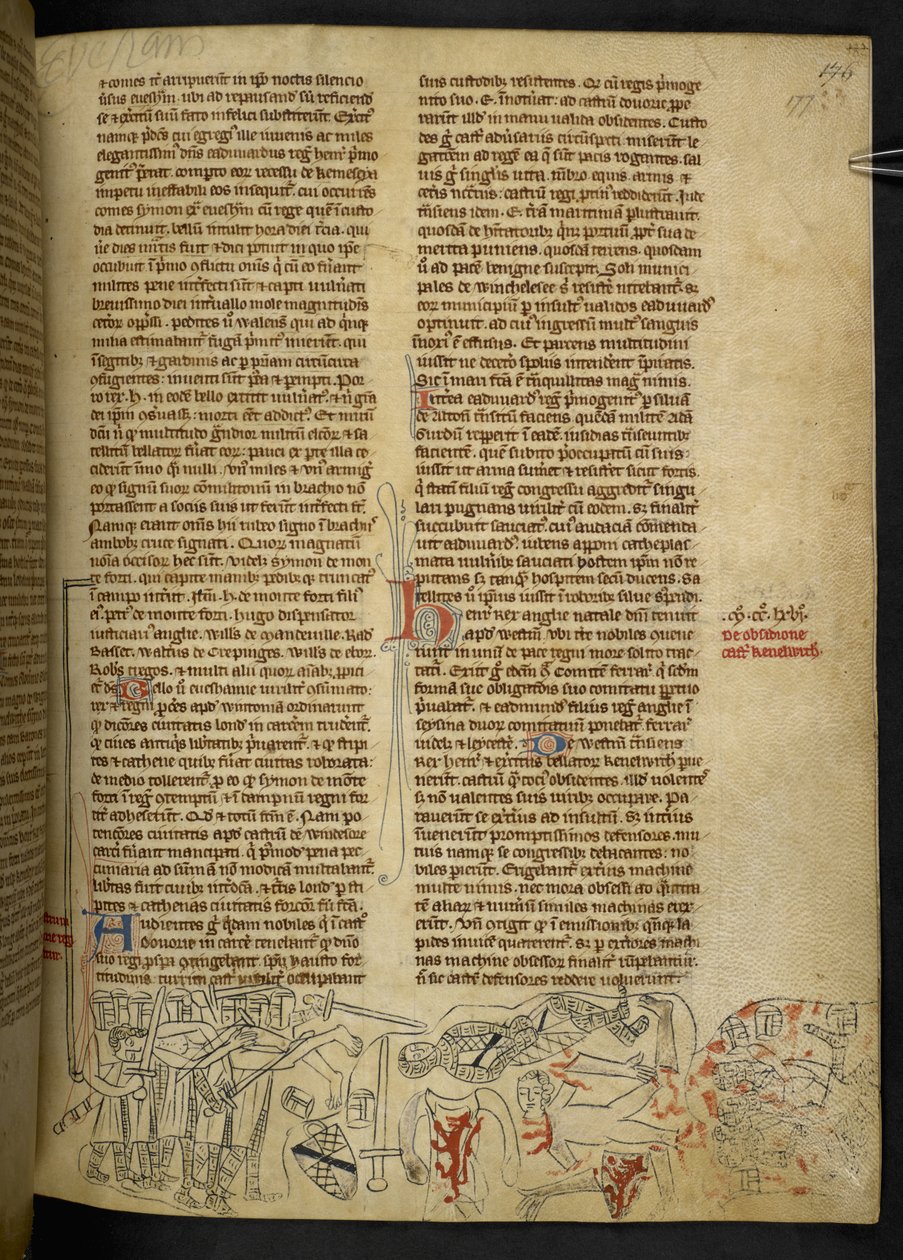 Cott Nero D II f.177 Eveshamin taistelu ja Simon de Montfortin (1208-65) kuolema 4. elokuuta 1265, "Commendatio Lamentabilis in transitu Edward IV" (vellum) tekijältä School English