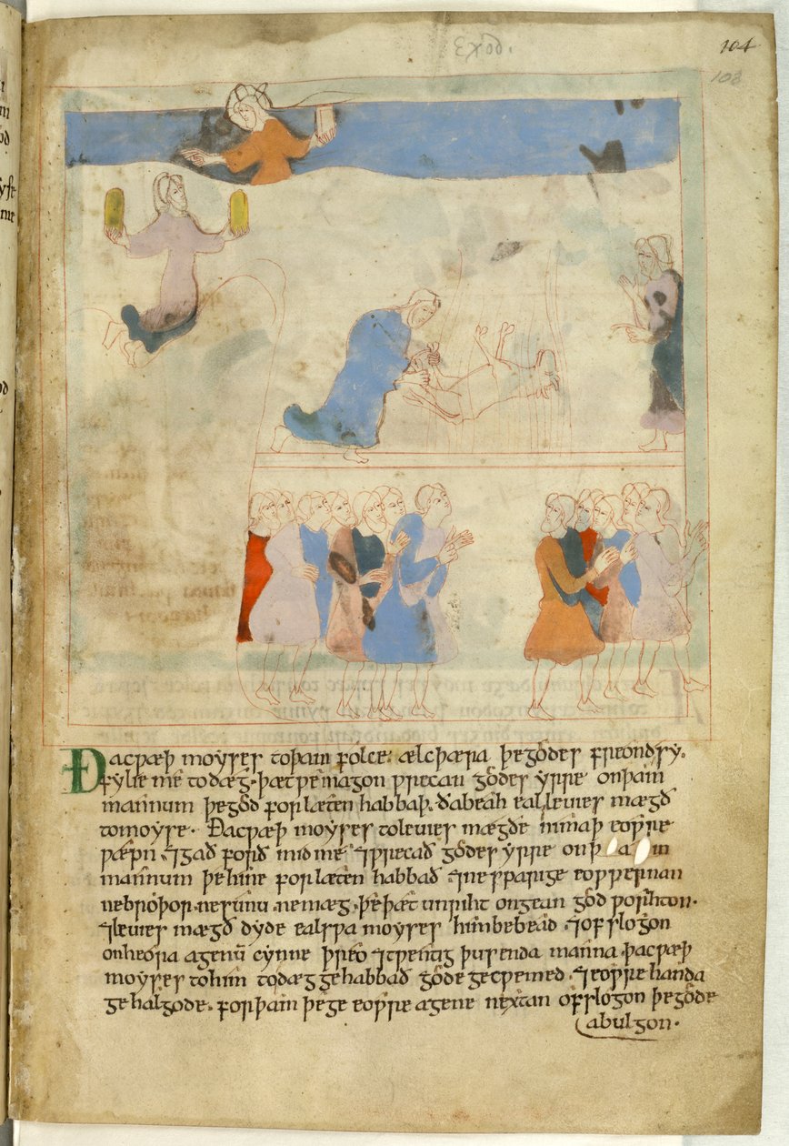 Puuvilla Claudius B. IV, f.103 Mooses kymmenen käskyn kanssa, kuva "vanhan englanninkielisestä kuvitetusta heksateukista" (vellum) tekijältä School English