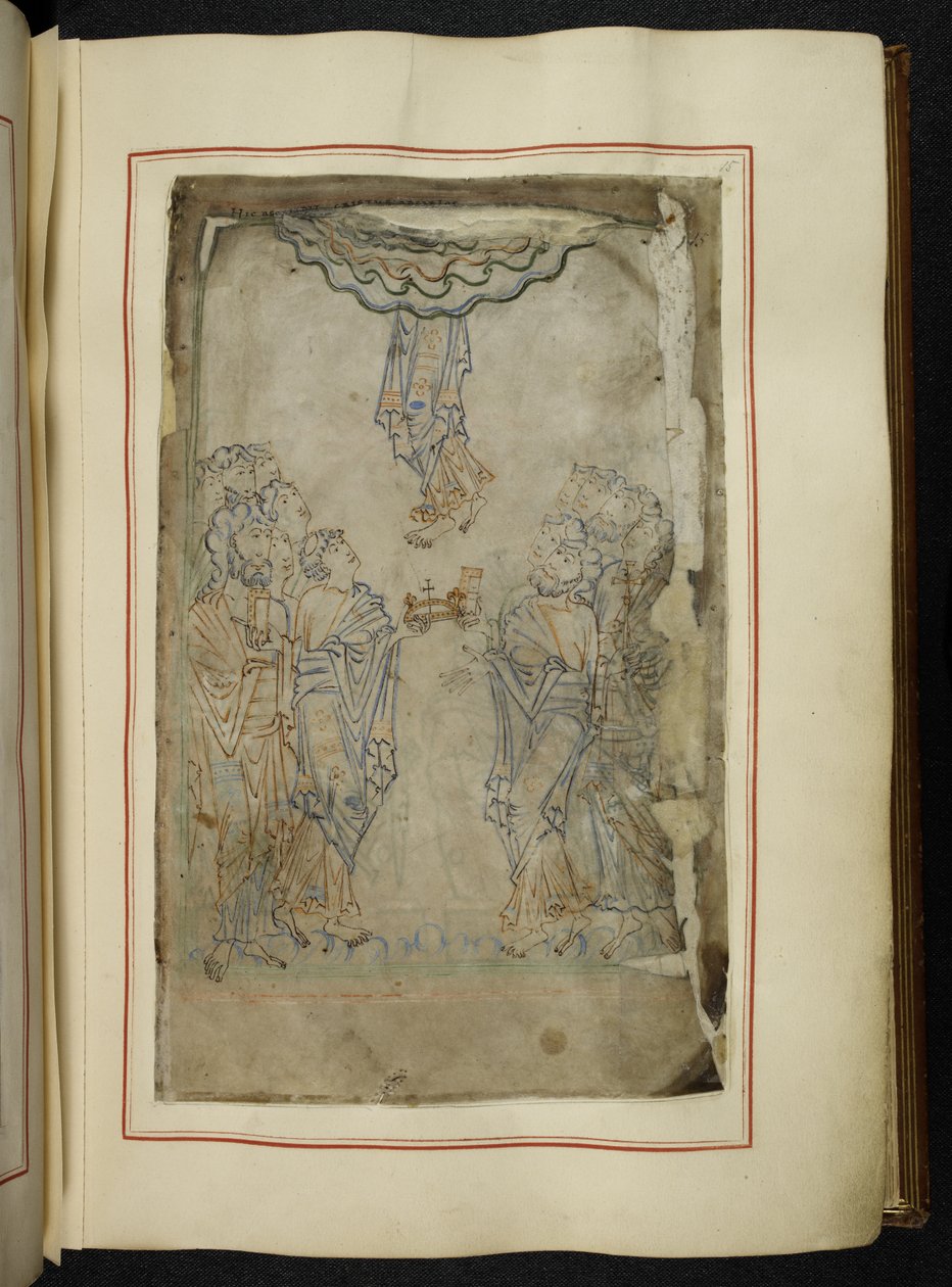 Puuvillainen MS tiberius C VI f.15r Psalter ("Tiberius Psalter"), epätäydellinen, esikuvallinen jakso, tietokonetaulukot, rukoukset, tunnustus, vanhan englanninkielinen saarna ja kerää (muste ja väri vellum) tekijältä School English