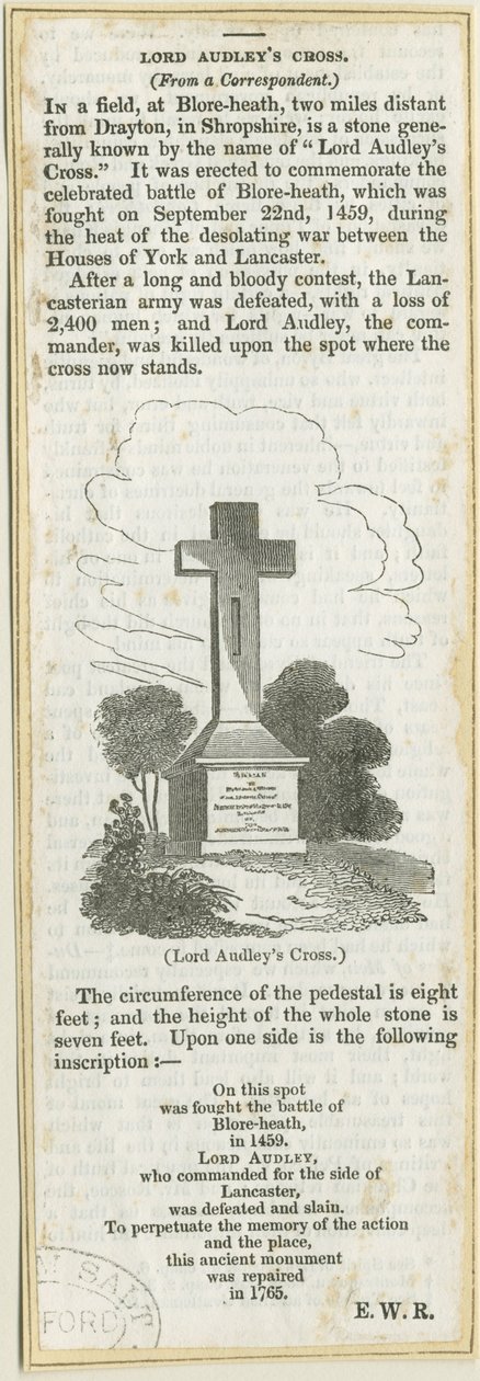 Drayton-in-Hales - "Audley Cross on Blore Heath": puupiirros ja [?1800-luku] (painettu) tekijältä School English