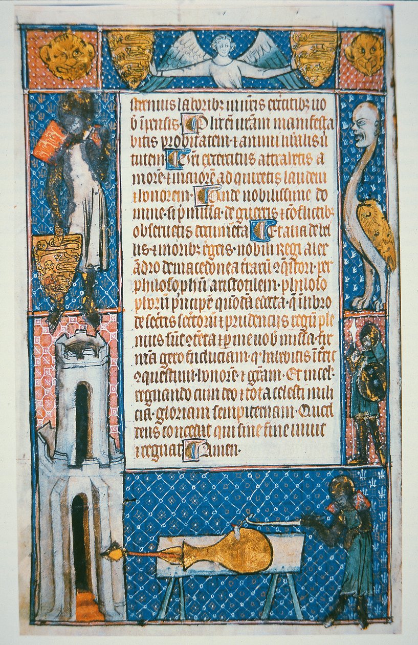 Faksimile vanhimmasta päivätystä asekuvasta, folio Walter de Milemeten teoksesta "De Notabilitatibus, Sapientiis et Prudentiis Regum" tekijältä School English