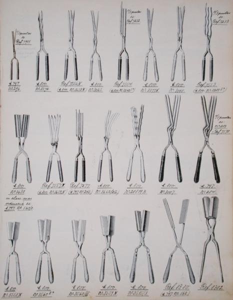 Hiusten kiharrin pihdit, kotimaisten tavaroiden ja tarvikkeiden kauppaluettelosta, n. 1890-1910 (väri litho) tekijältä School English