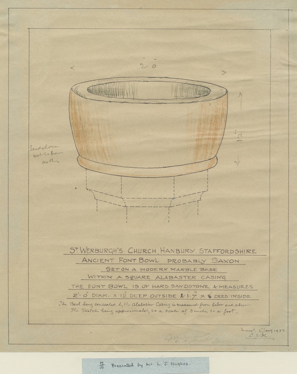 Hanbury Church - Ancient Font Bowl: jäljitys, nd [1933] (piirustus) tekijältä School English