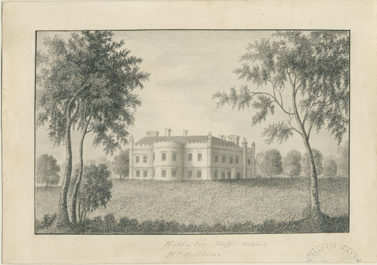Hatherton Hall: lyijykynäpiirros, nd [c 1860] (piirustus) tekijältä School English