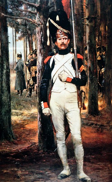 Napoleonin suuren armeijan keisarillinen vartija, päällään karhunnahkahattu ja aseistettu Charleville-musketilla vuodelta 1777 (värinen lito) tekijältä School English