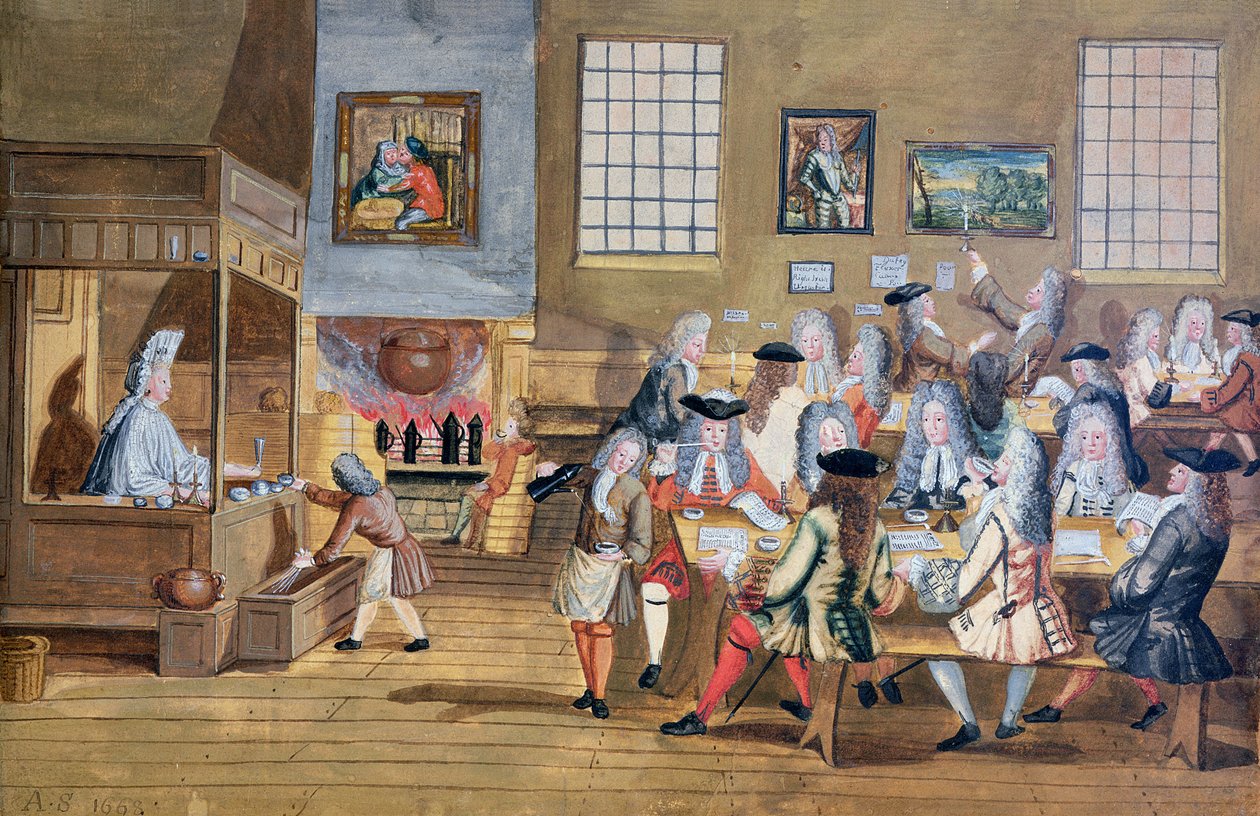 Lontoolaisen kahvilan sisätila, noin 1650-1750 (vesiväri paperille). tekijältä School English