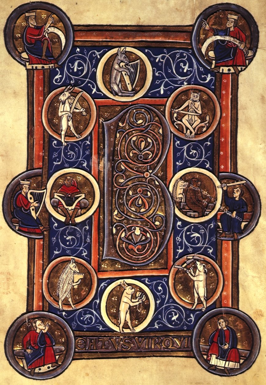 Lansdowne 420 fol.12v Psalmi I asutulla alkukirjaimella "B" (vellum) tekijältä School English