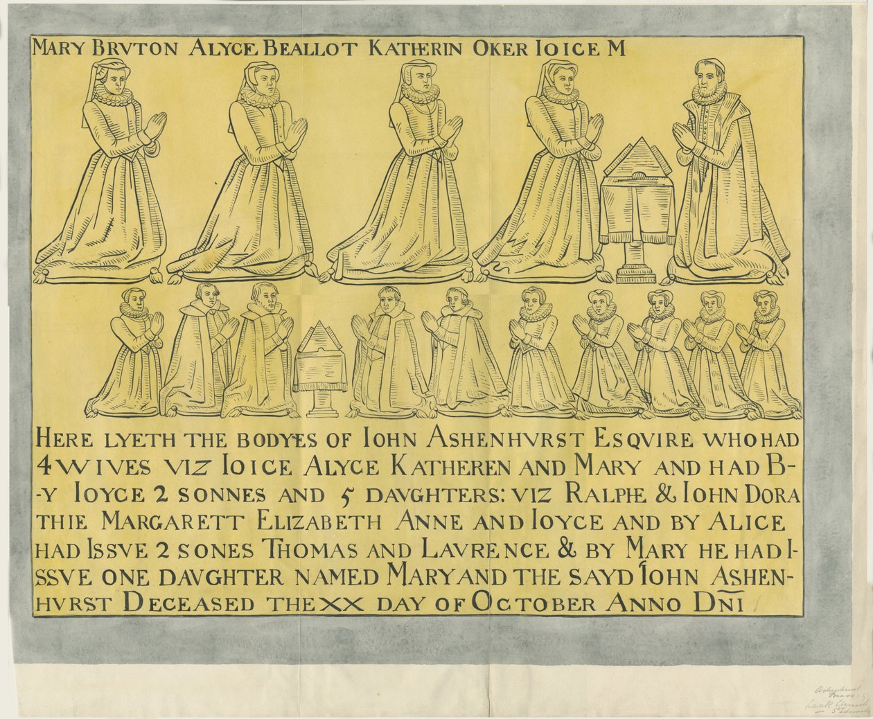 Leek Church - "Ashenhurst Brass": intialainen mustepiirros (keltaiselle paperille), nd [?18th Century] (piirustus) tekijältä School English