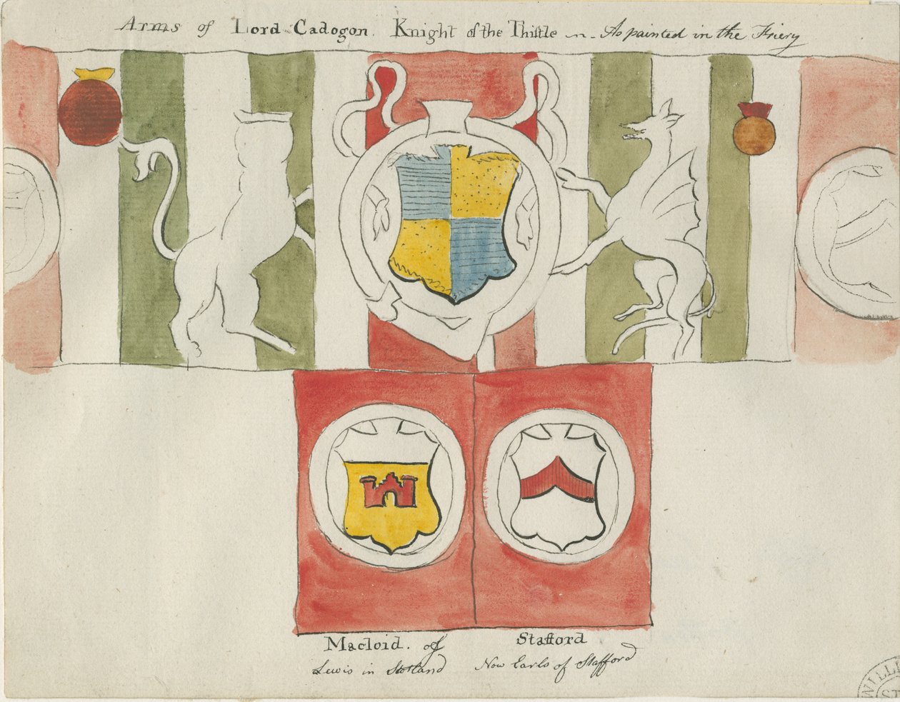 Lichfield - Arms of Lord Cadogan (Friary): akvarellimaalaus, nd [?1700-luvun lopulla] (maalaus) tekijältä School English