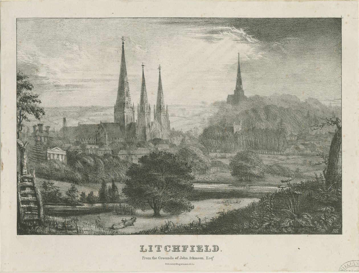 Lichfield - Luoteisnäkymä: litografia ja [?1800-luku] (painettu) tekijältä School English