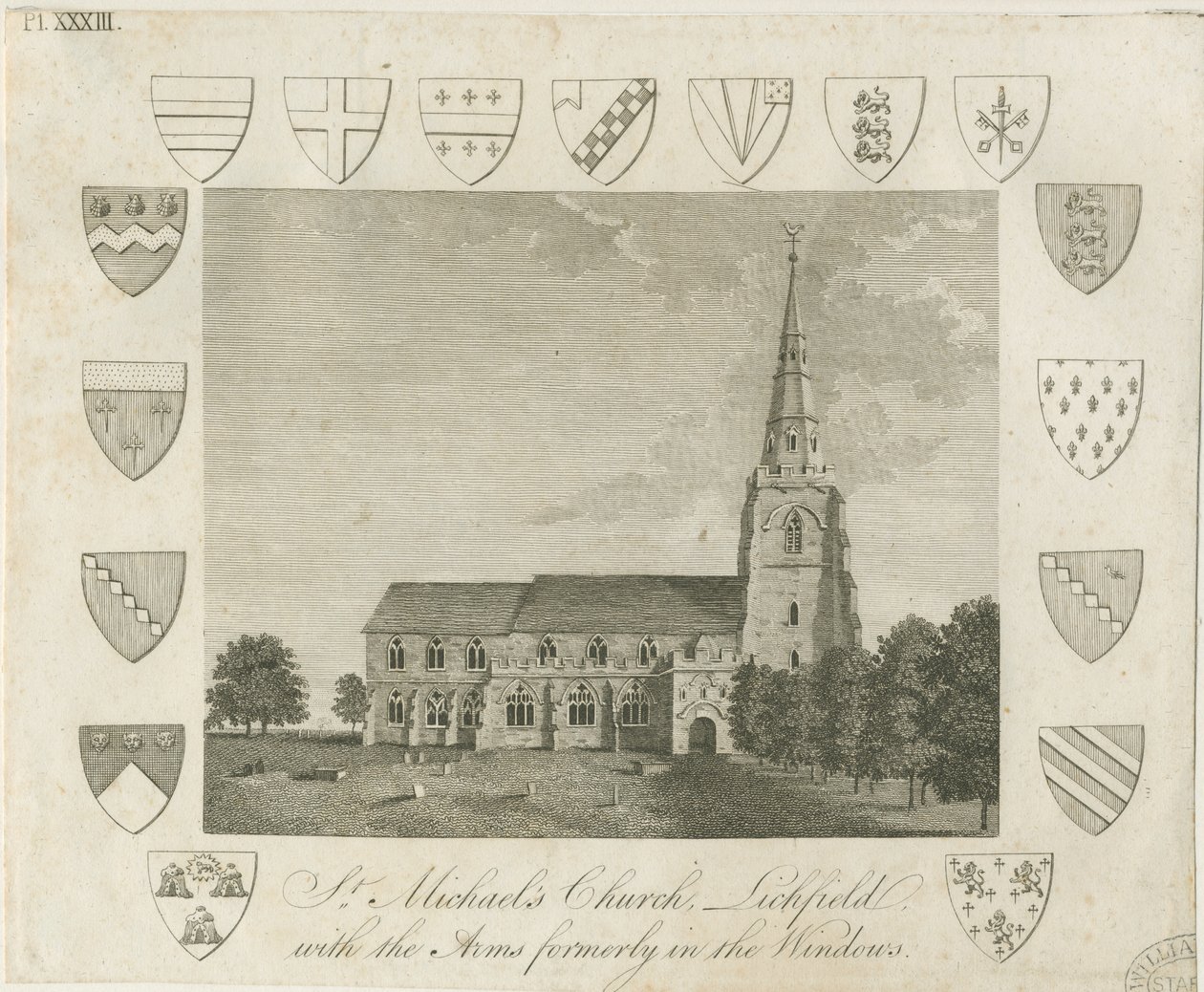 Lichfield - Pyhän Mikaelin kirkko: kaiverrus ja [?1700-luvun loppu] (painettu) tekijältä School English