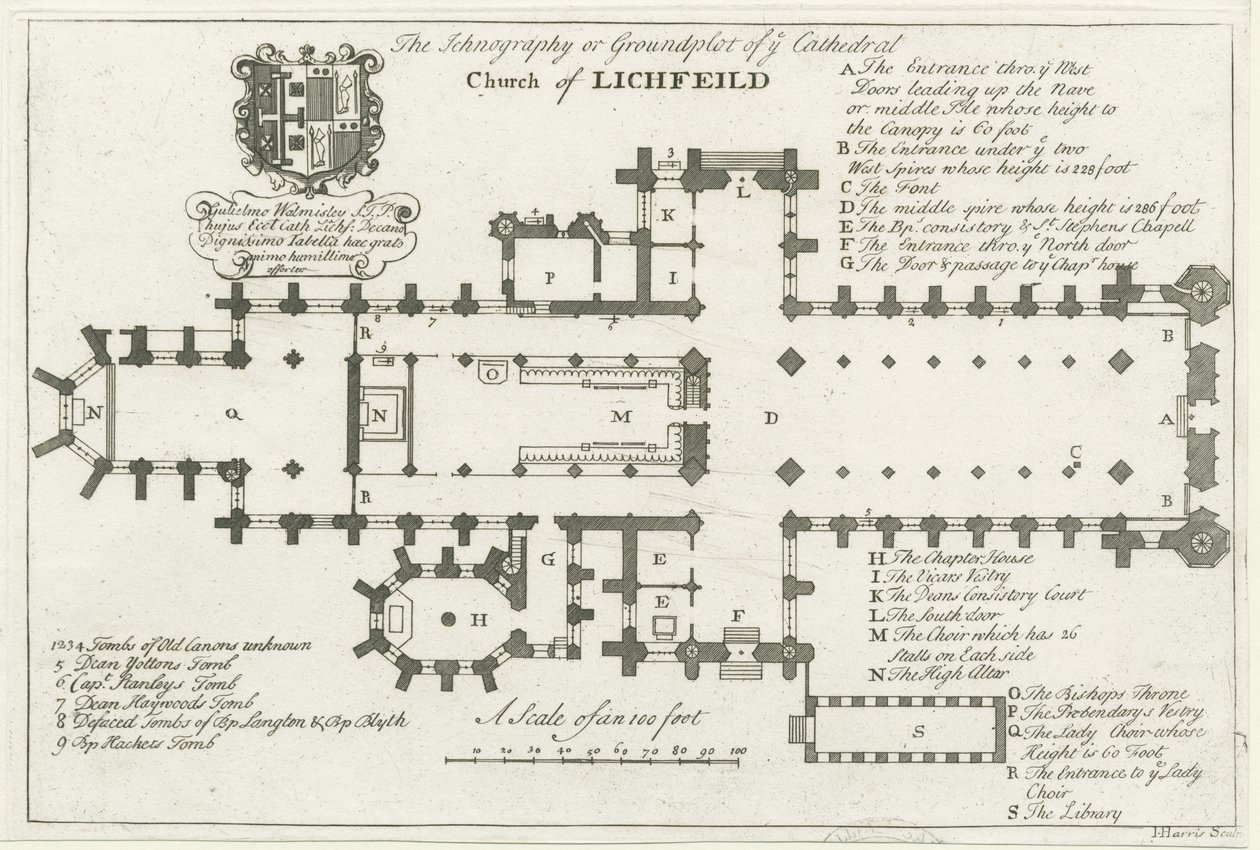 Lichfieldin katedraali - Pohjapiirros: kaiverrus ja [1700-luvun alku] (painettu) tekijältä School English