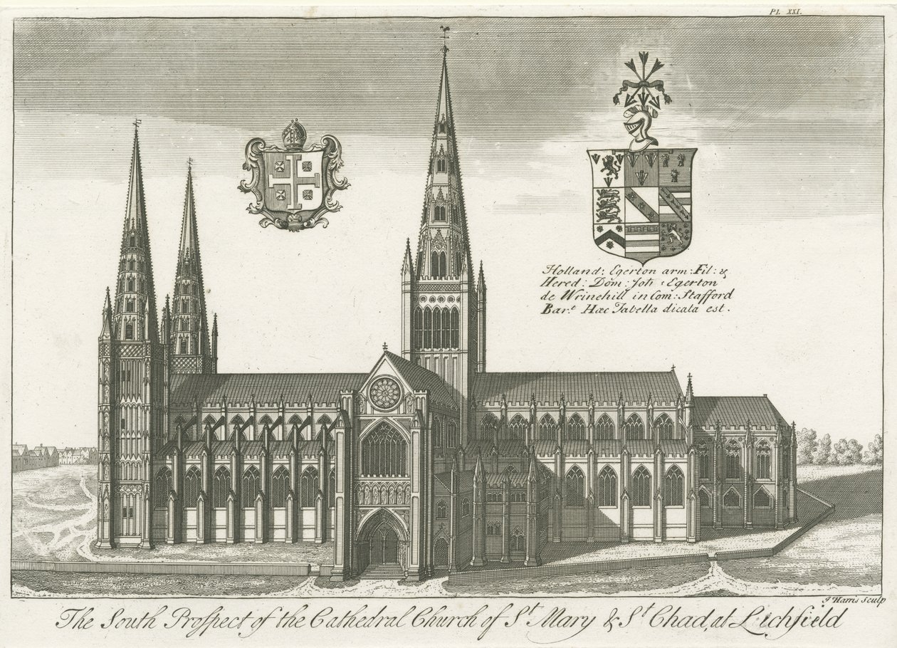 Lichfield Cathedral - South View: kaiverrus ja [?1700-luvun alku] (tulostus) tekijältä School English