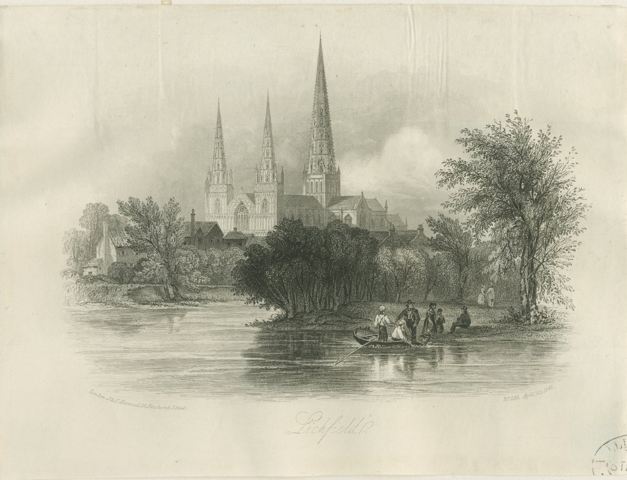 Lichfieldin katedraali - Lounaisnäkymä: kaiverrus (vinjetoitu), nd [c 1842] (tulostus) tekijältä School English