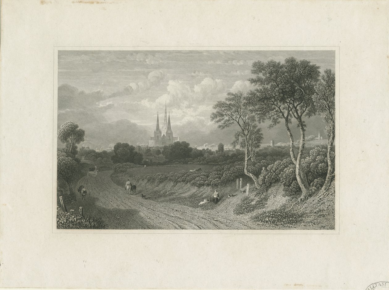 aLichfield Cathedral - West View (kaukainen): kaiverrus ja [?1700-luku] (painettu) tekijältä School English