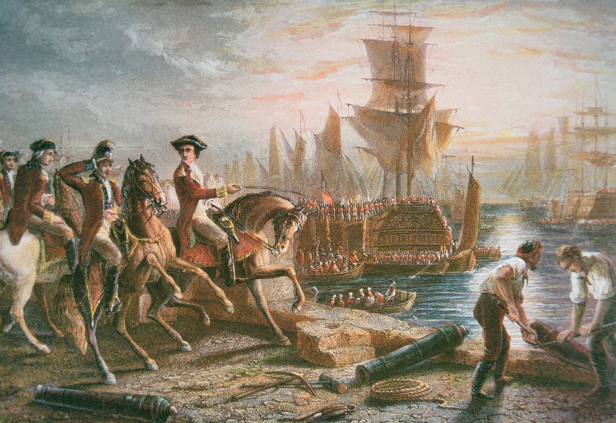 Lord Howe järjestää brittien Bostonin evakuoinnin maaliskuussa 1776 (värikaiverrus) tekijältä School English