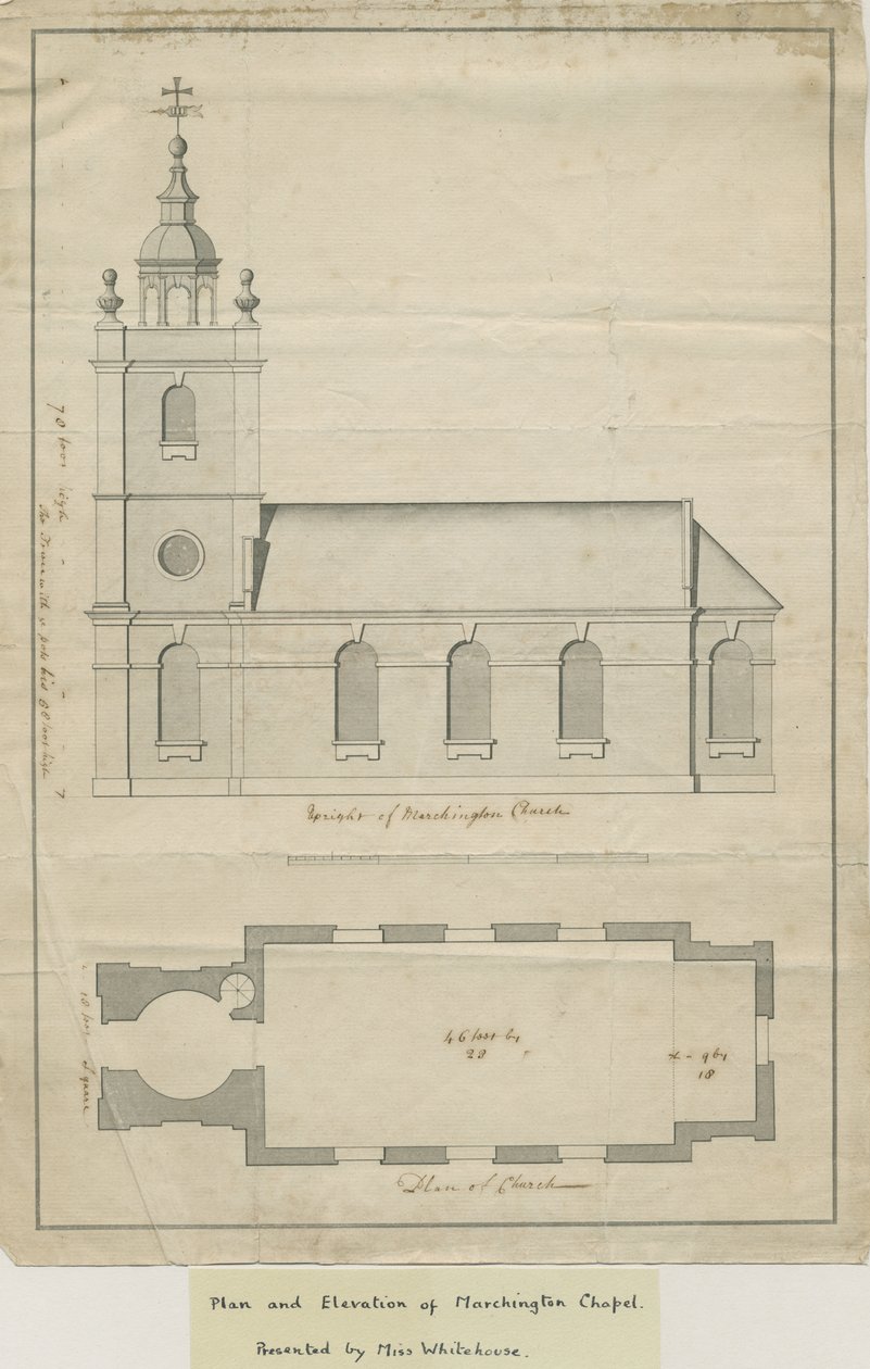 Marchington Church - Ulkokorkeus ja sisäsuunnitelma: kynäpiirros, nd [?1700-luvun puoliväli] (piirustus) tekijältä School English