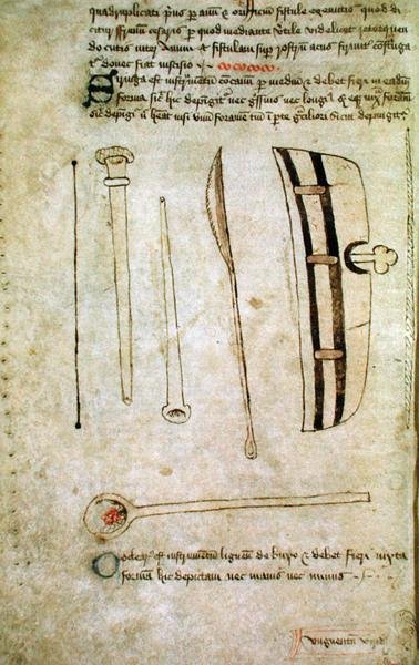 Ms Hunter 112 f.44v John Ardernen teoksesta Speculum Phlebotomiae, n. 1349-1450 (kynä ja muste tarranauhalla) tekijältä School English