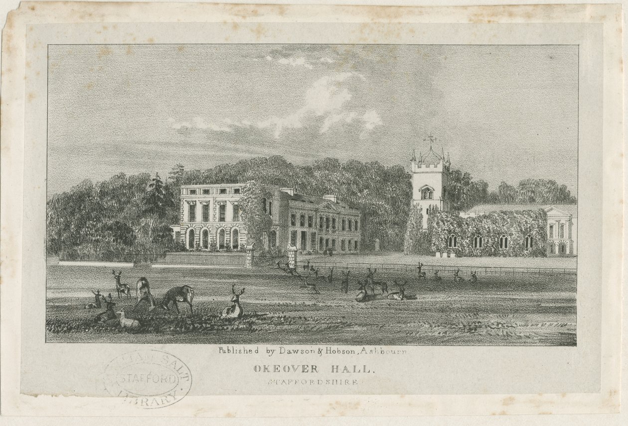 Okeover Hall - litografia, nd [c 1839] (painettu) tekijältä School English