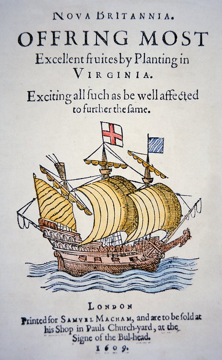 Pamfletti, joka kannustaa siirtolaisia menemään Virginiaan Amerikkaan, julkaistu vuonna 1609 (värilitho) tekijältä School English