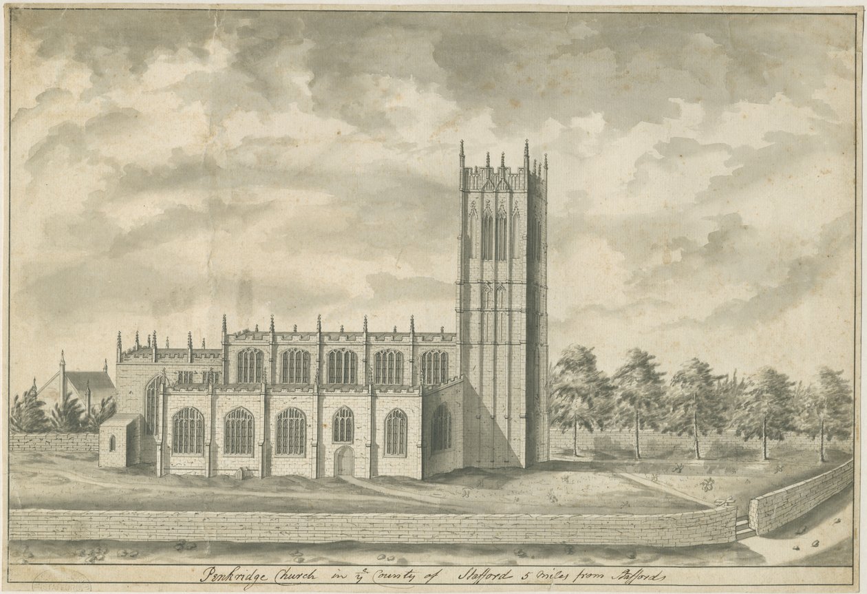 Penkridge Church: kynä- ja pesupiirustus, nd [1700-luvun lopulla] (piirustus) tekijältä School English