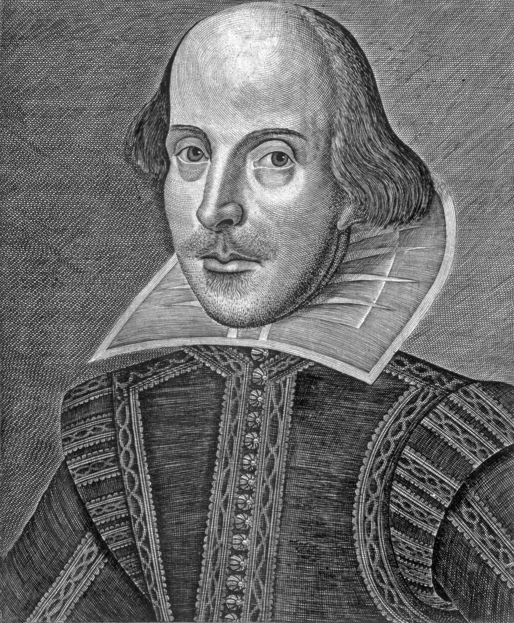 Muotokuva William Shakespearesta, kaiverrettu Martin Droeshout (n. 1560-n. 1642) tekijältä School English