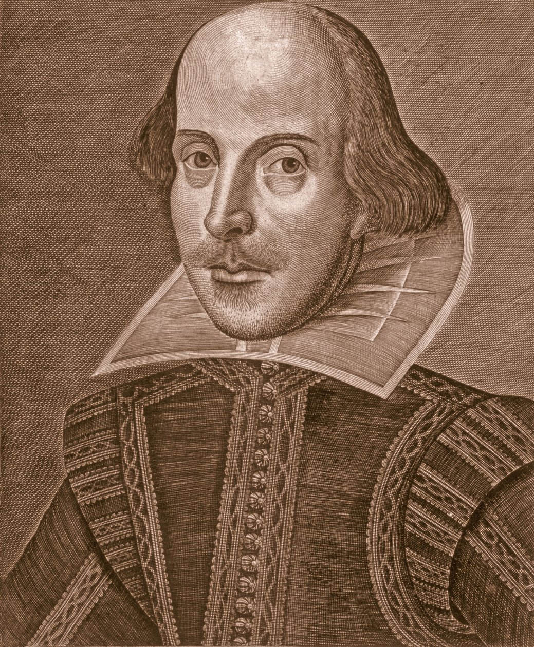 Muotokuva William Shakespearesta, kaiverrettu Martin Droeshout (n. 1560-n. 1642) tekijältä School English