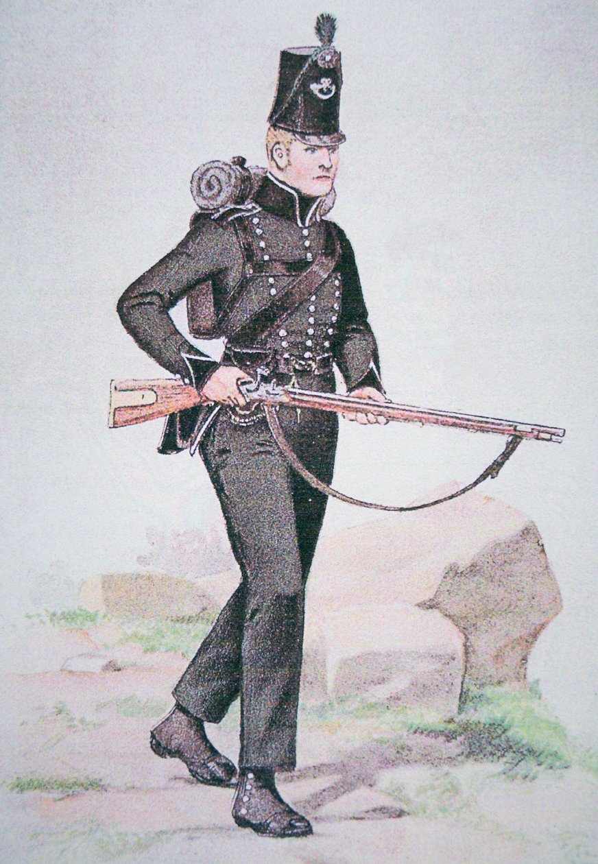 95. kiväärien sotamies, n. 1810, aseistettu Baker Rifle -kiväärillä, jonka on suunnitellut Ezekiel Baker of London (värilitho) tekijältä School English