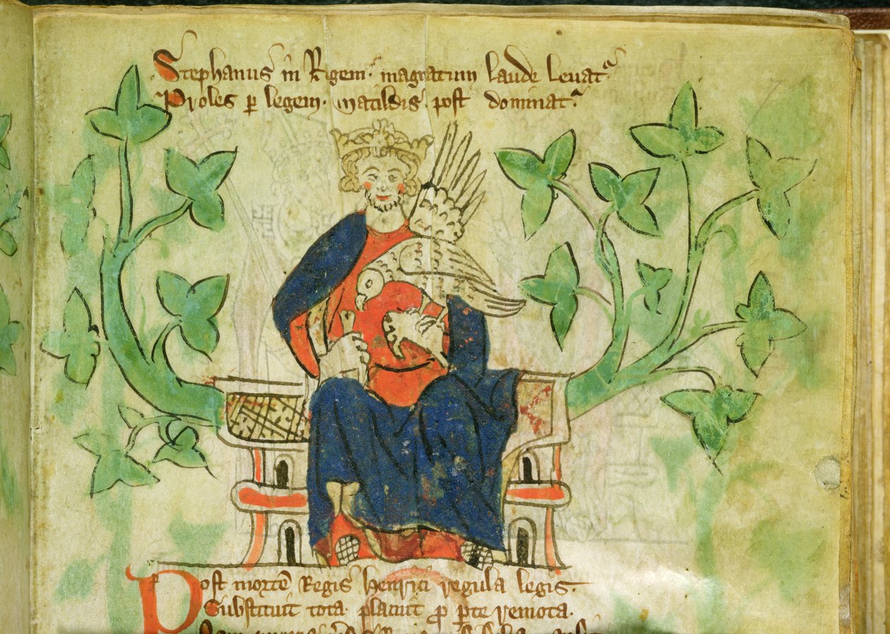Roy.20 A II f.7 Kuningas Stephen valtaistuimelle, kirjoitettu Edward II:n hallituskaudella (1284-1327) tekijältä School English
