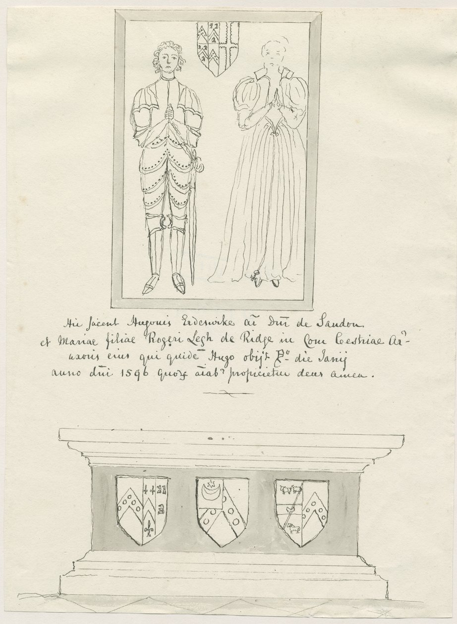 Sandon Church - Hugh Erdeswickin ja Maryn [Legh] hauta: kynä- ja pesupiirustus, nd [?18th century] (piirustus) tekijältä School English