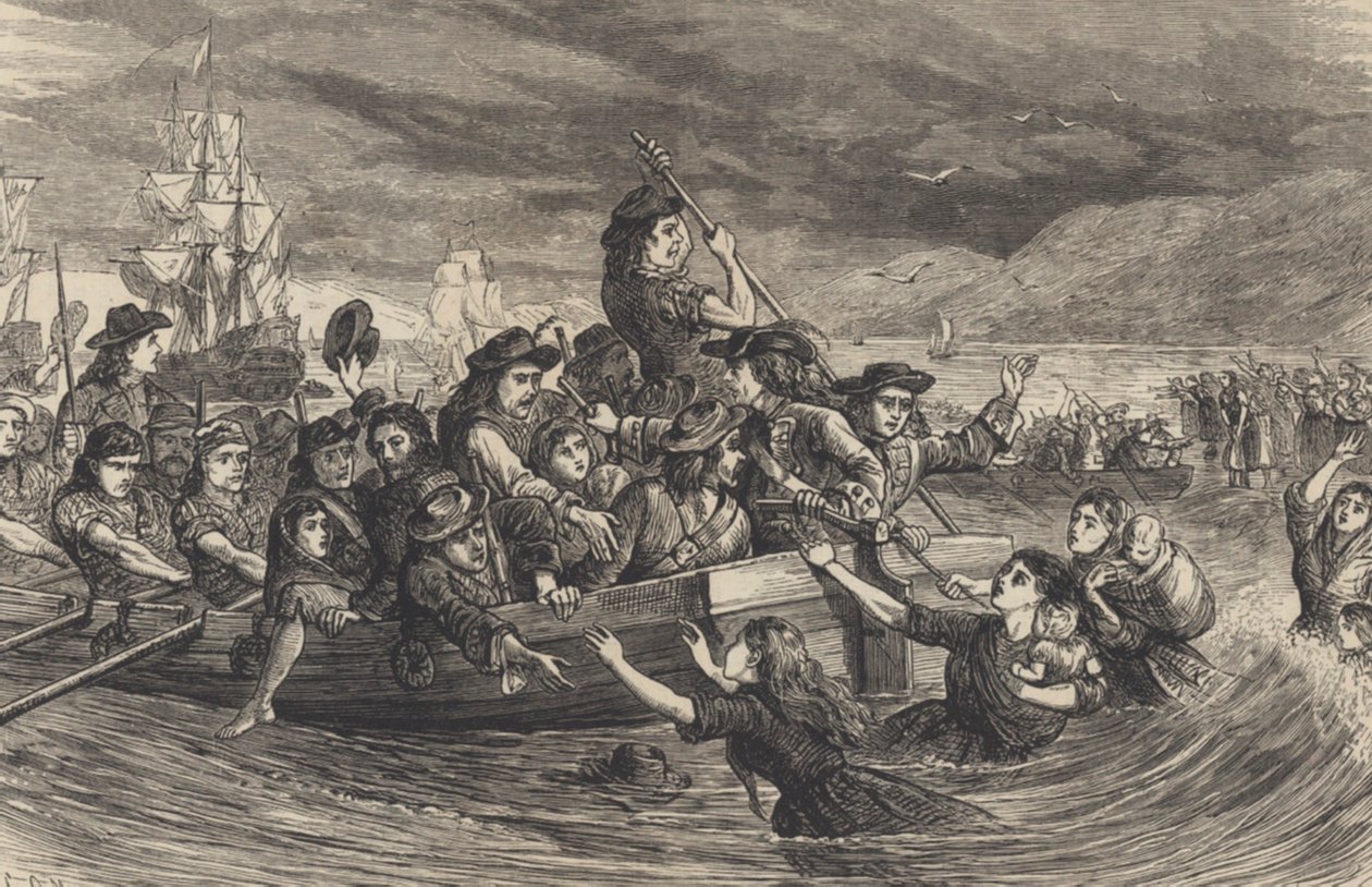 Villihanhet – Jacobite-irlantilaiset sotilaat lähtevät Limerickistä Ranskaan vuonna 1691 (kaiverrus) tekijältä School English