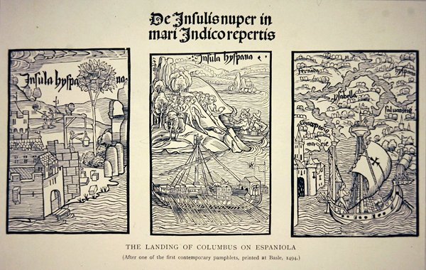 Kolumbuksen laskeutuminen Espaniolaan Baselissa vuonna 1494 julkaistun nykypäivän pamfletin jälkeen (litho) tekijältä School English