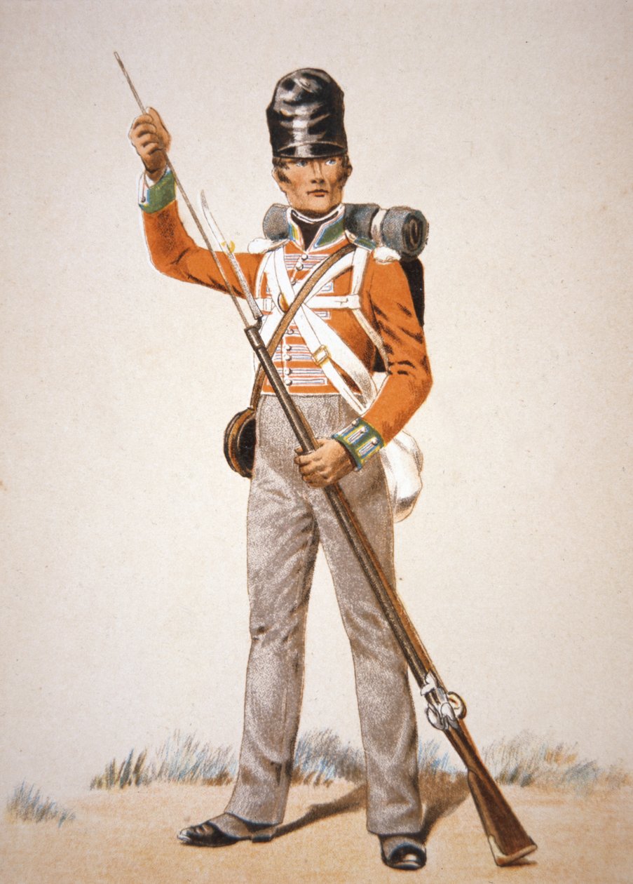 Wellingtonin armeija: 69th Footin sotilas lataamassa "Brown Bess" -muskettiaan vuonna 1815 (väri litho) tekijältä School English