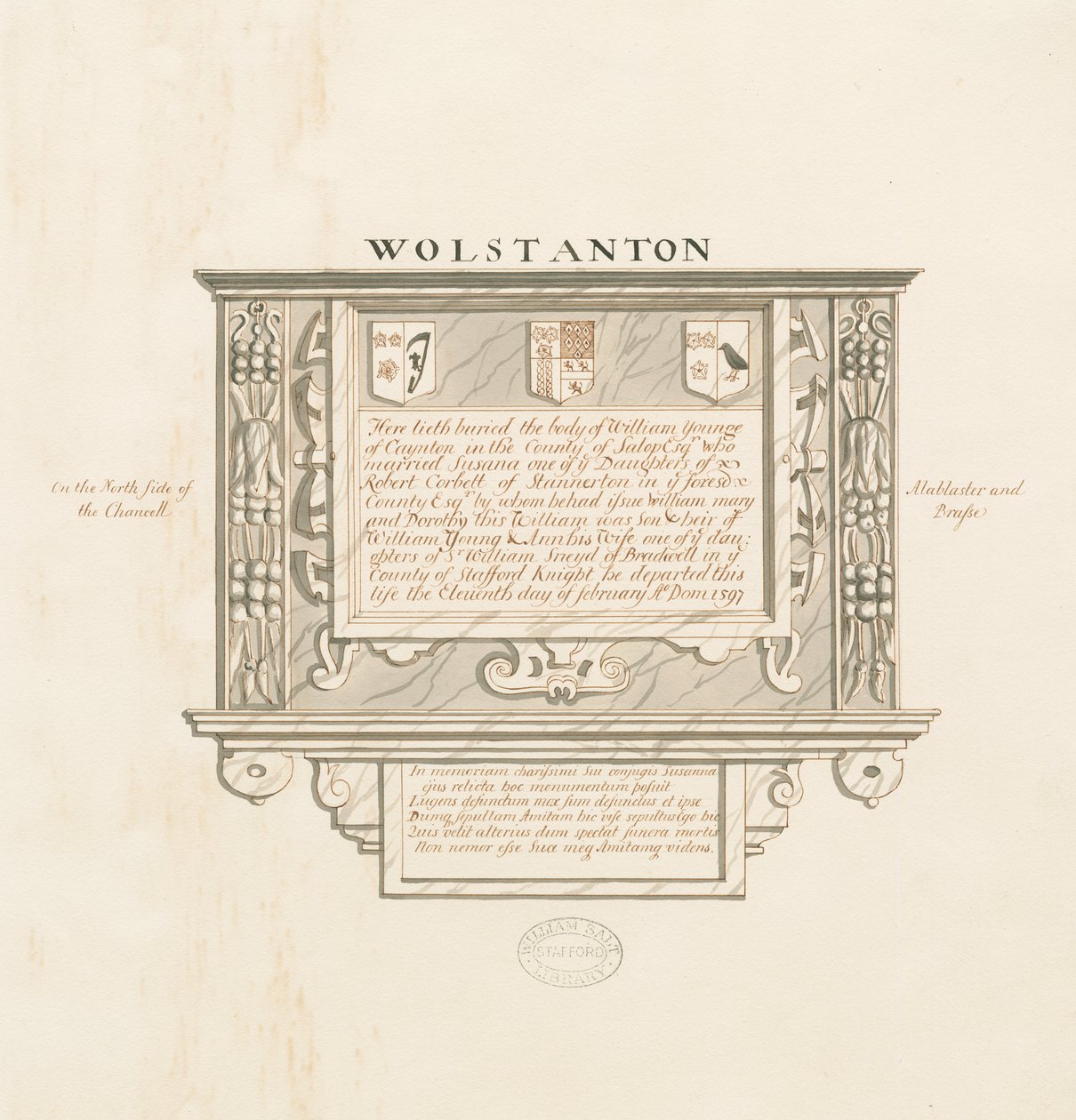 Wolstantonin kirkko - Cayntonin William Yongen seinämonumentti: kynä- ja pesupiirustus, nd [?1800-luku] (piirustus) tekijältä School English