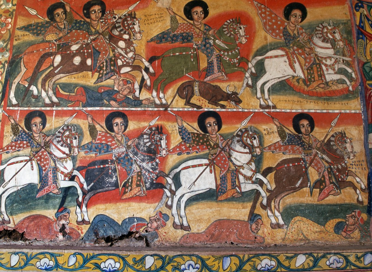 Ritarit ja keihät, maalauksia Ura Kidane Meretin luostarissa (1600-luku), Suur-Bahar Dar, Zegen niemimaa, Etiopia, Yksityiskohta tekijältä School Ethiopian