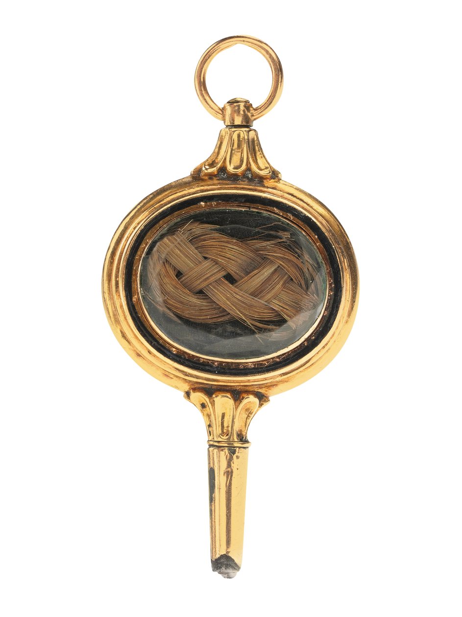Memento mori -kaiverrettu kelloavain, jossa on Martha Wayles Jeffersonin hiuslukko, ranska tai englanti, 1700-luvun loppu - 1800-luvun alku (kulta) (katso myös 711001) tekijältä School European