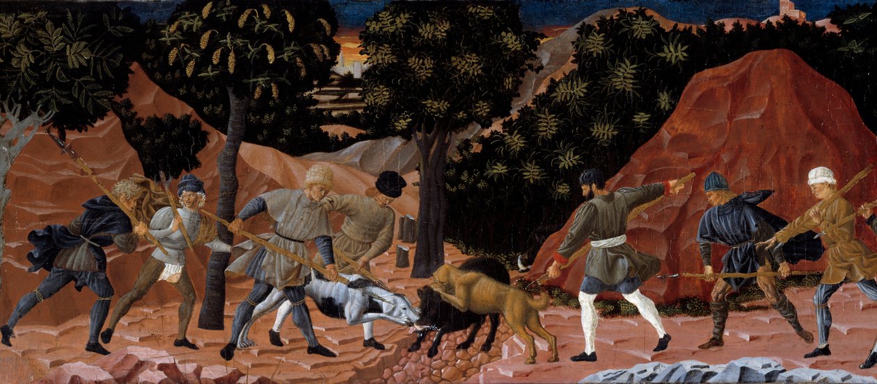 Villisian metsästyskohtaus. Yksityiskohta. Nimetön maalaus Firenzen koulusta. 1450-1460. Toulouse, Musee des Augustins tekijältä School Florentine